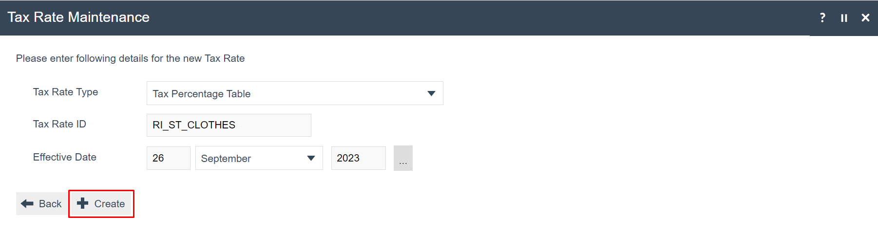 screenshot: Create new Tax Rate - RI_ST_CLOTHES, Tax Percentage Table type
