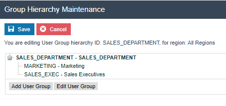 Group Hierarchy Maintenance edit page showing SALES_DEPARTMENT with child nodes MARKETING and SALES_EXEC.