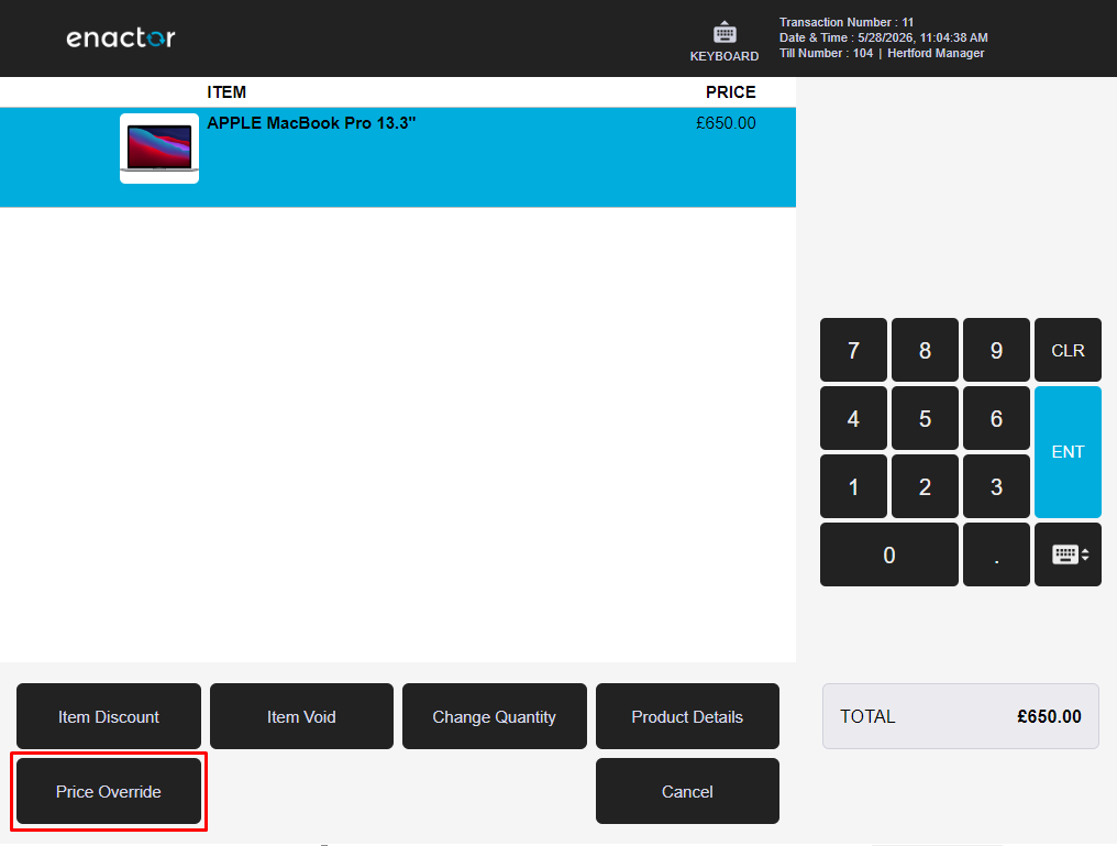 Enactor POS item functions screen with MacBook Pro selected. Price Override button is highlighted with a red box.