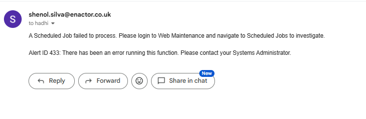 Email alert notification for a Failed Scheduled Job event from Enactor.