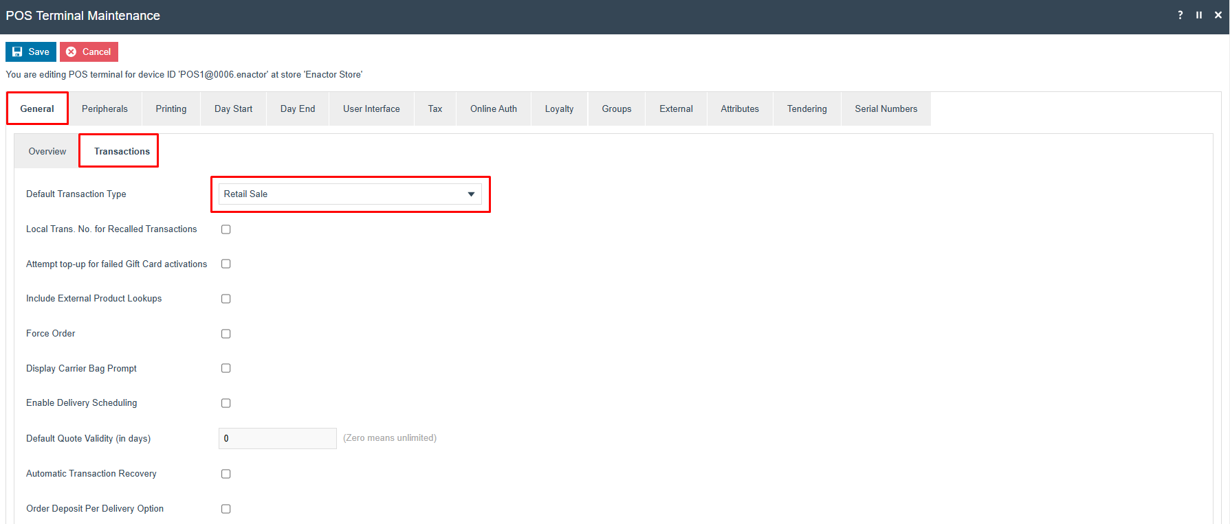 POS Terminal General tab (Transactions sub-tab) with Default Transaction Type set to Retail Sale.