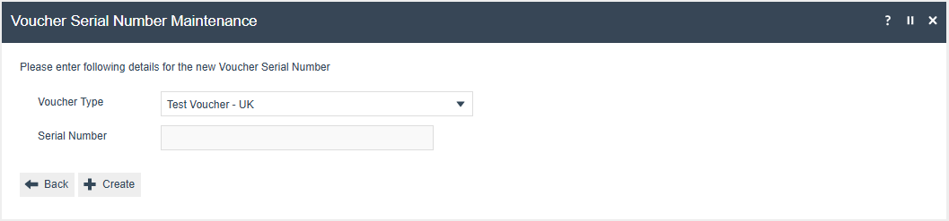 Voucher Serial Number Maintenance creation form with Voucher Type dropdown and Serial Number field
