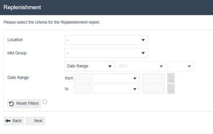 Replenishments filter screen with Location, MM Group dropdowns, Top set to 10, and Date Range fields.