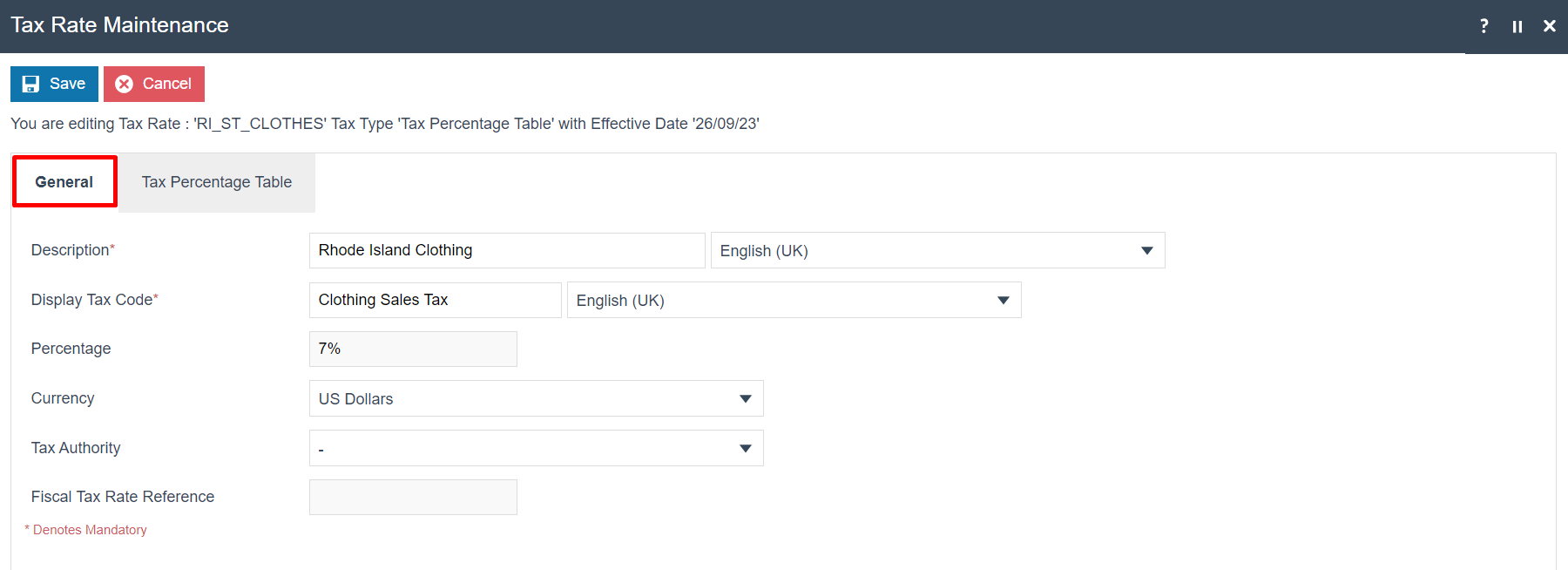 screenshot: Tax Rate RI_ST_CLOTHES General tab