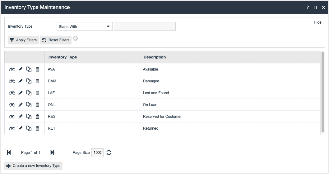 Inventory Types list