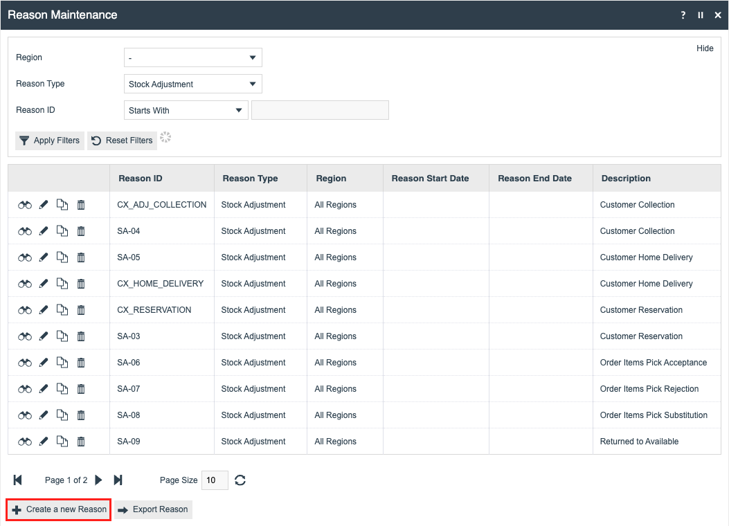 Reason Maintenance page