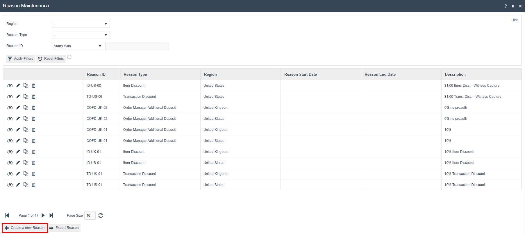 Reason Maintenance list showing all configured reasons.