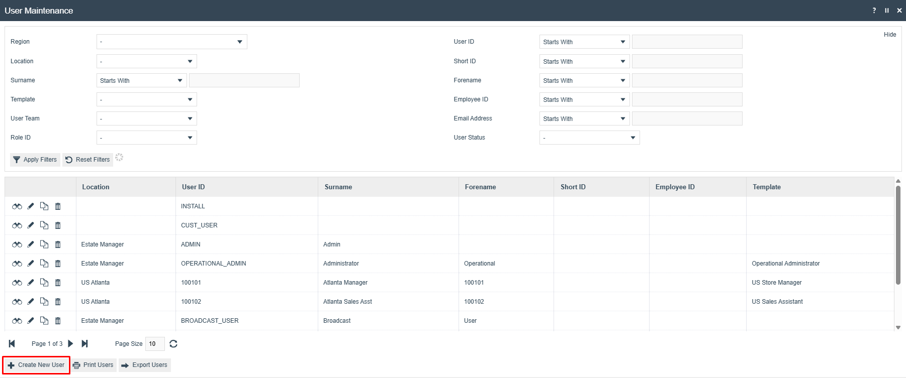User Maintenance list showing existing users with Location, User ID and Surname columns. The Create a New User button is highlighted at the bottom left.