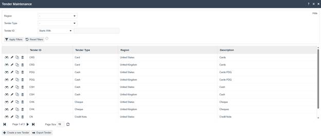 Tender Maintenance select page listing configured tenders including CSH Cash for United Kingdom and United States. Filter fields for Region, Tender Type, and Tender ID are shown at the top.
