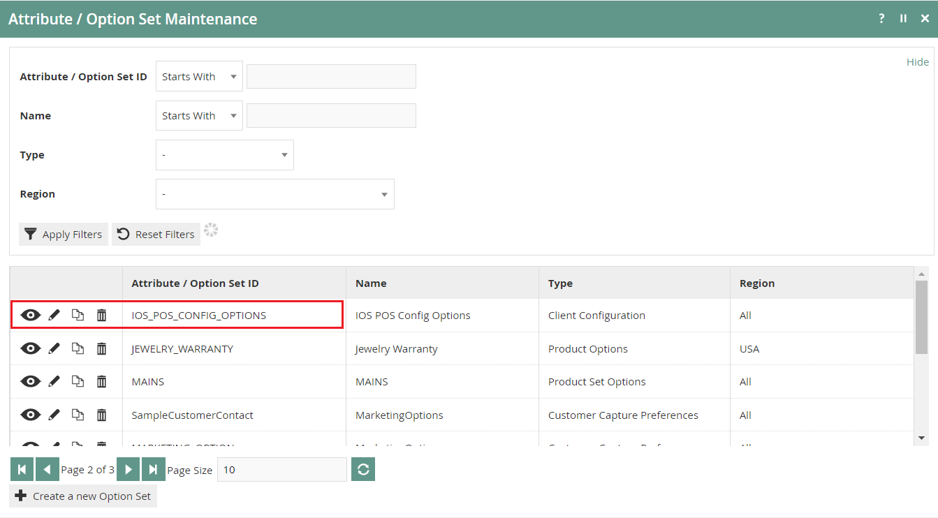 Attribute / Option Set Maintenance list with the IOS POS Config Options entry highlighted