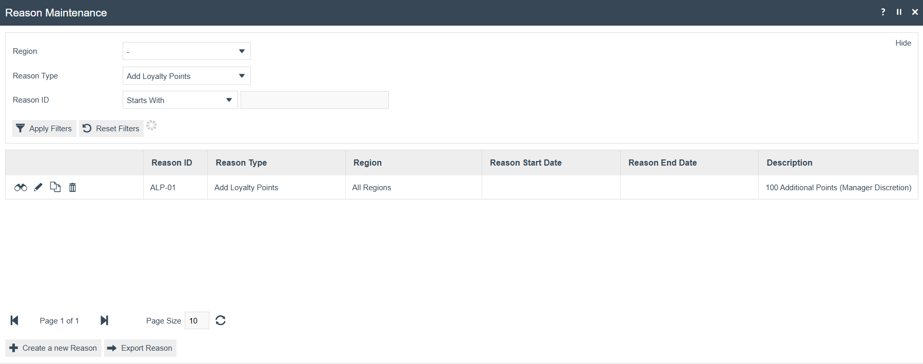 Reason Maintenance Page
