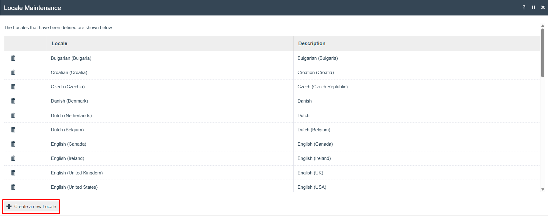 Locale list page with the Create a new Locale option