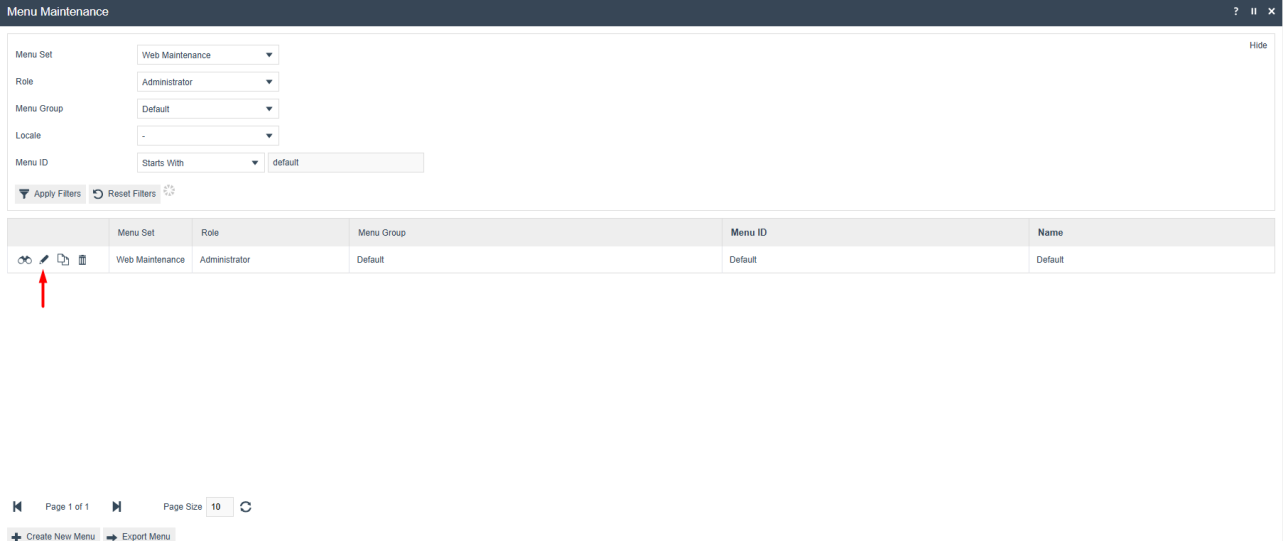 Menu Maintenance list view. Menu Set is 'Web Maintenance', Role is 'Administrator'. One menu entry is shown: Web Maintenance with Default Menu ID.