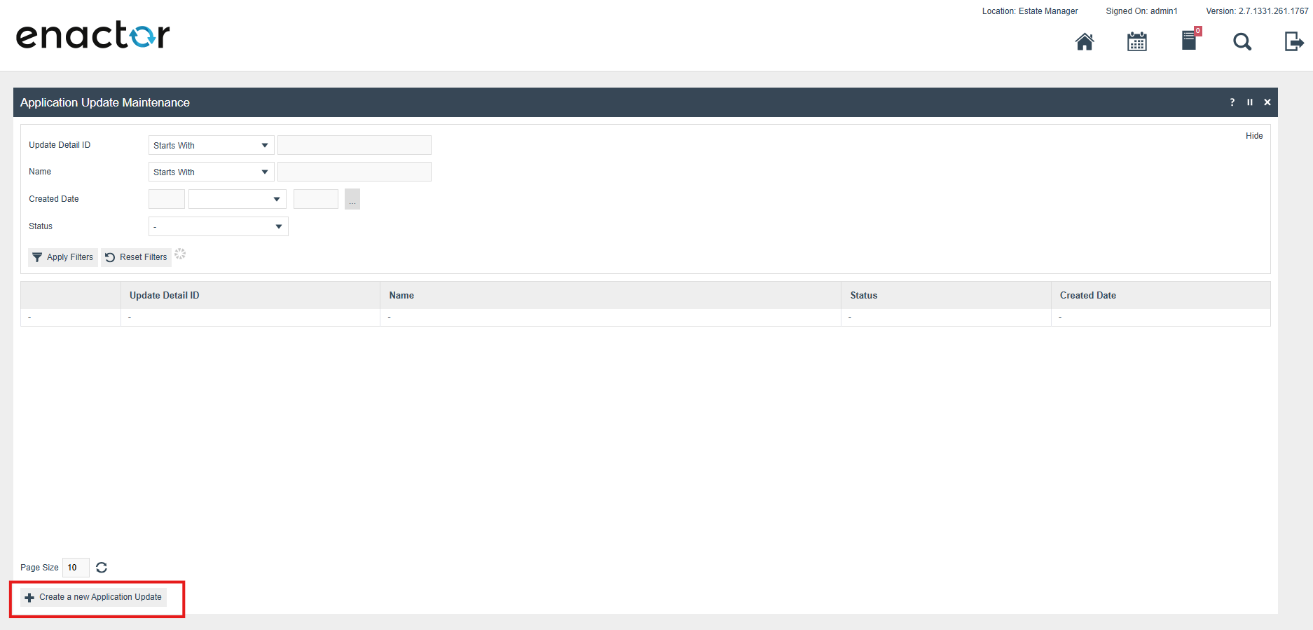 Application Update Maintenance list page with the Create a new Application Update button highlighted