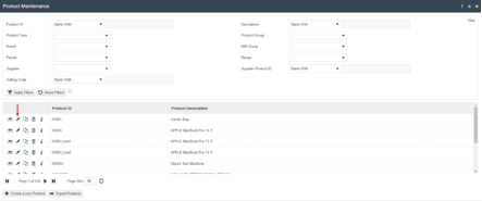 Product Maintenance list page