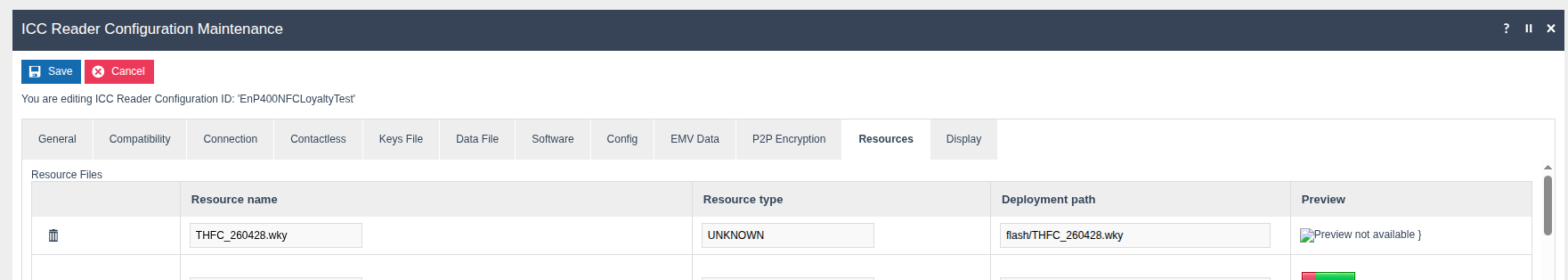 ICC Reader Configuration Maintenance Resources tab showing a .wky key file with Resource type UNKNOWN and Deployment path set to flash/THFC_260428.wky.
