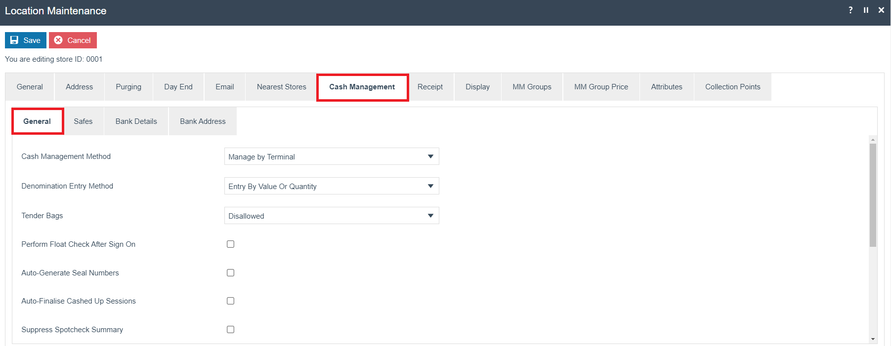 Location Maintenance - Cash Management tab showing Cash Management Method, Denomination Entry Method, Perform Float Check After Sign On, Auto Finalise Cashed Up Sessions, and Maximum Cash Up Recounts fields.