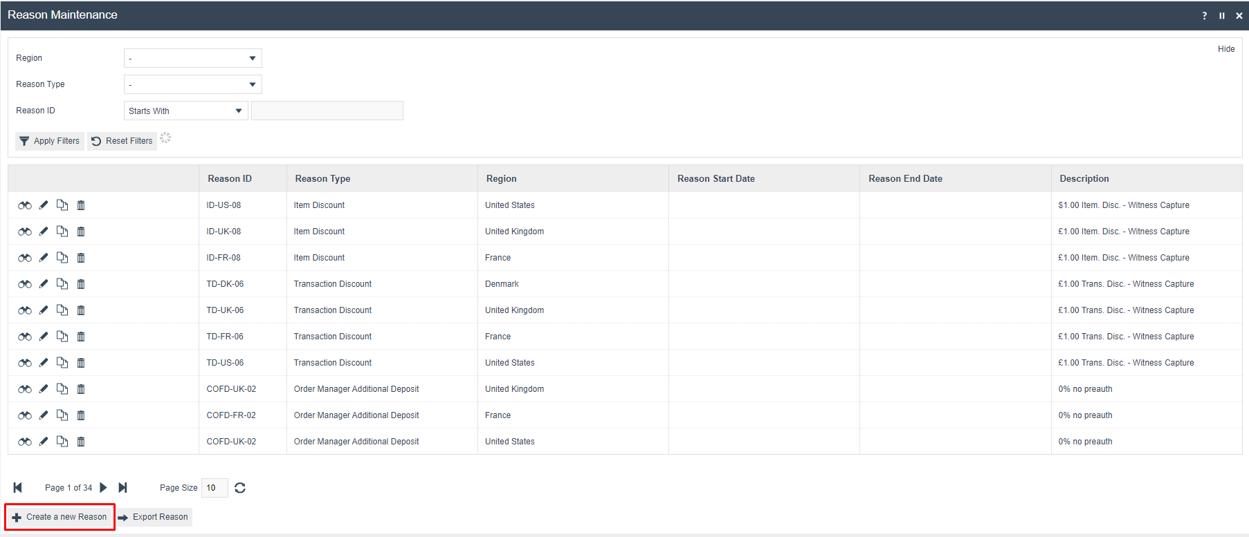 Reason Maintenance list showing existing reasons including Item Discount and Transaction Discount types across multiple regions. Create a new Reason button is highlighted at the bottom.