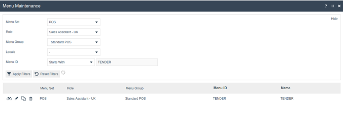 Menu Maintenance filter view. Menu Set is POS, Role is Sales Assistant - UK, Menu Group is Standard POS. The TENDER menu is shown in the results.