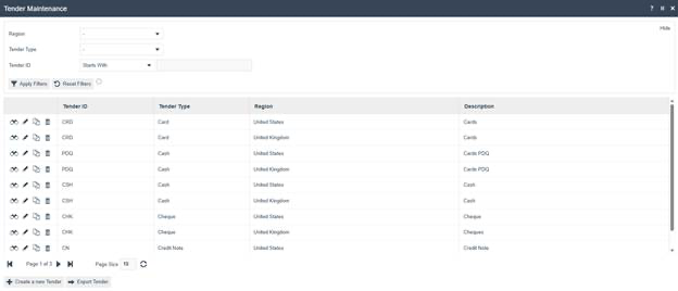 Tender Maintenance select page listing configured tenders including CRD (Card), PDQ, CSH (Cash), CHK (Cheque), and CN (Credit Note) entries for United States and United Kingdom regions.