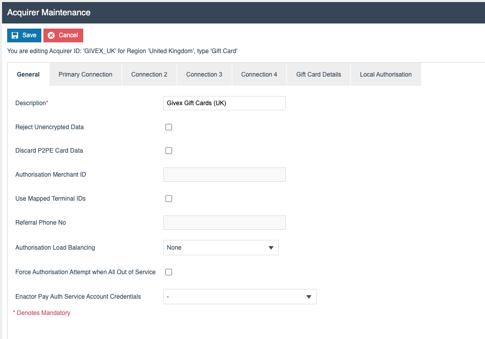 Acquirer Maintenance - General tab showing Description and Authorisation Merchant ID fields