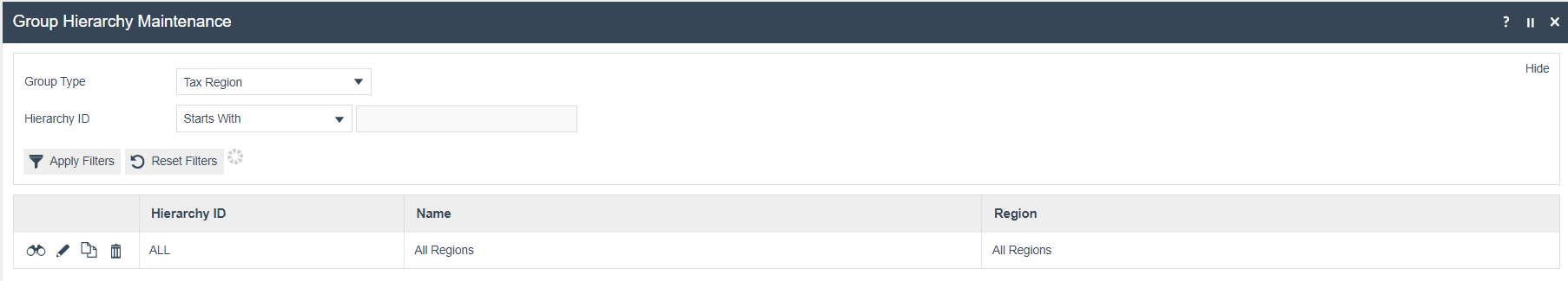Group Hierarchy Maintenance with Tax Region selected as Group Type. One hierarchy is listed: ALL - All Regions.