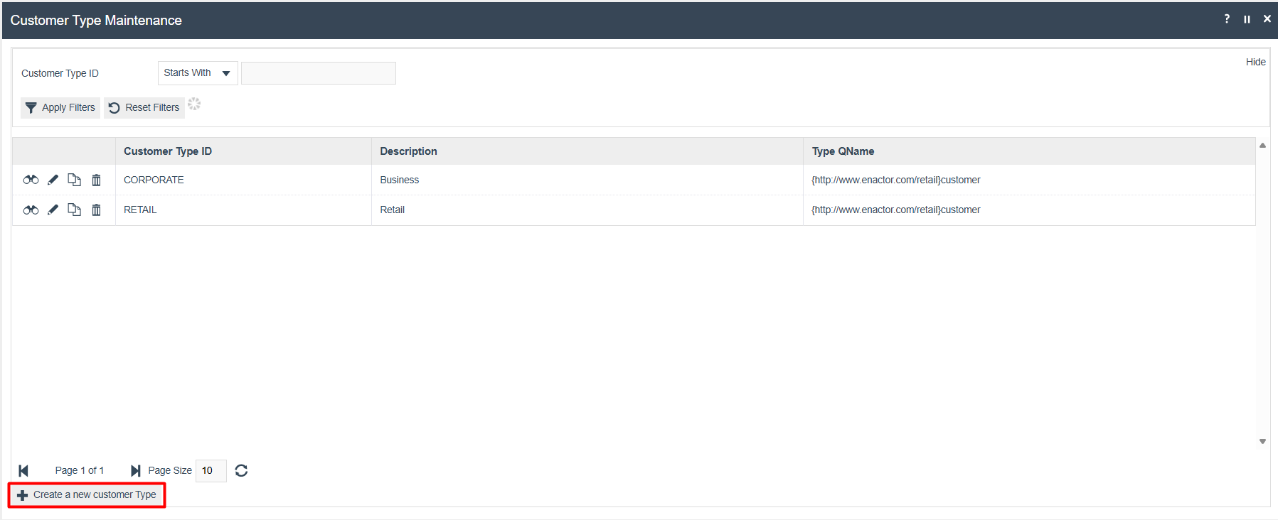 Customer Type Maintenance list showing CORPORATE and RETAIL types. The Create a new customer Type button is highlighted.
