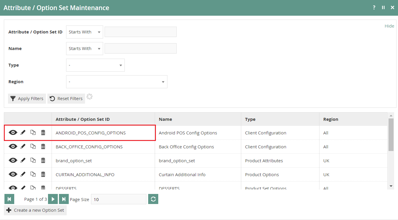 Attribute / Option Set Maintenance list showing ANDROID_POS_CONFIG_OPTIONS highlighted with Client Configuration type and All region.