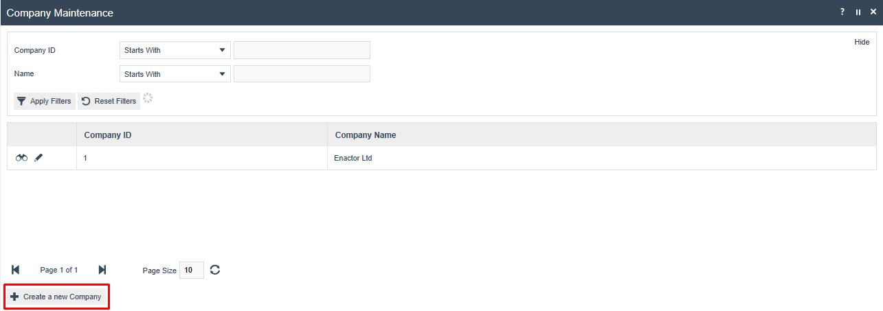 Company Maintenance list showing one entry with Company ID 1 and Company Name Enactor Ltd. Create a new Company option is highlighted at the bottom.