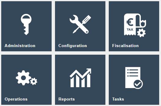 Estate Manager Main Menu showing six tiles: Administration, Configuration, Fiscalisation, Operations, Reports, and Tasks.