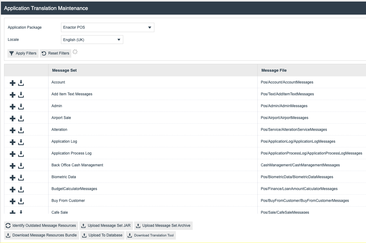 Application Translations Maintenance showing Enactor POS selected as the Application Package with the Message Sets list loading