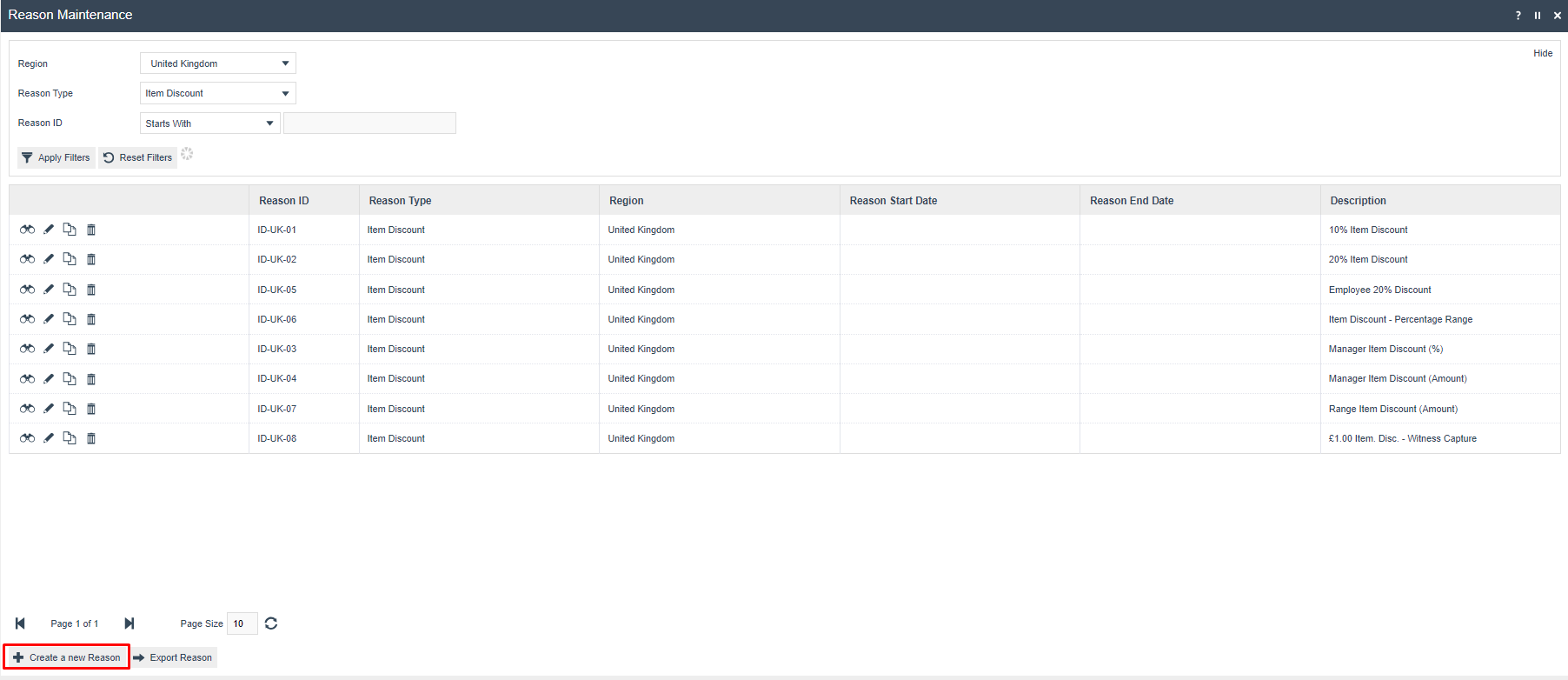 Reason Maintenance list filtered by Item Discount and United Kingdom, showing 8 configured item discount reasons.