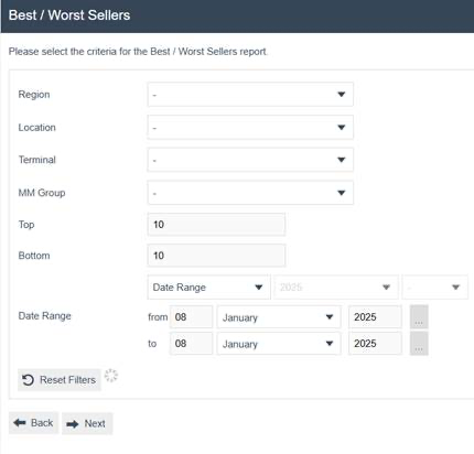 Best / Worst Sellers filter screen with Region, Location, Terminal, and MM Group dropdowns, Top and Bottom set to 10, and Date Range fields.