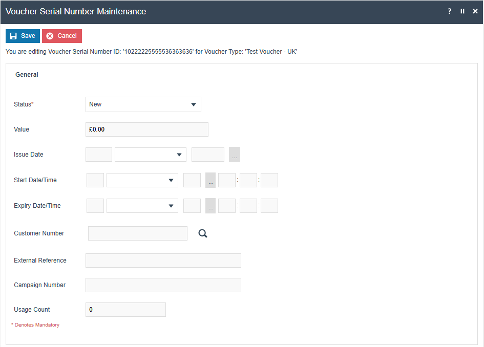 Voucher Serial Number Maintenance edit view showing Status dropdown, and additional fields for the voucher serial number record