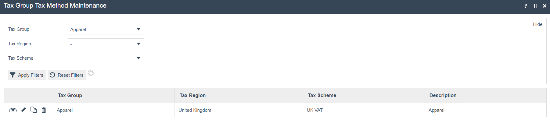 Tax Group Tax Method Maintenance filtered to Apparel, showing one entry: Apparel - United Kingdom - UK VAT.