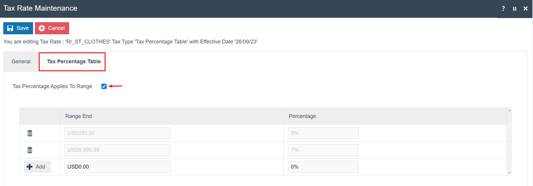 screenshot: Tax Rate RI_ST_CLOTHES Tax Percentage Table tab with range rows