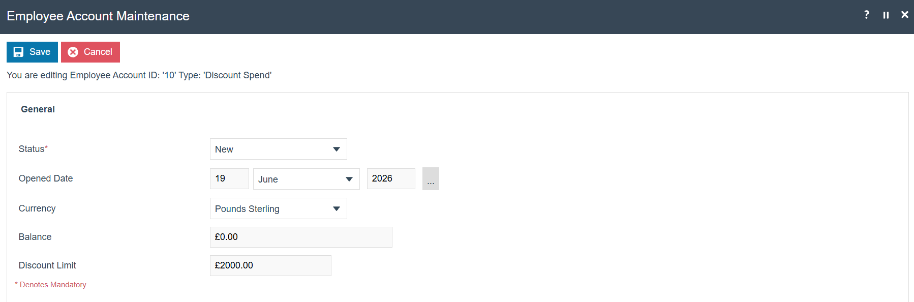 Employee Account edit screen showing Discount Limit field and Status set to Active for a Discount Spend account.