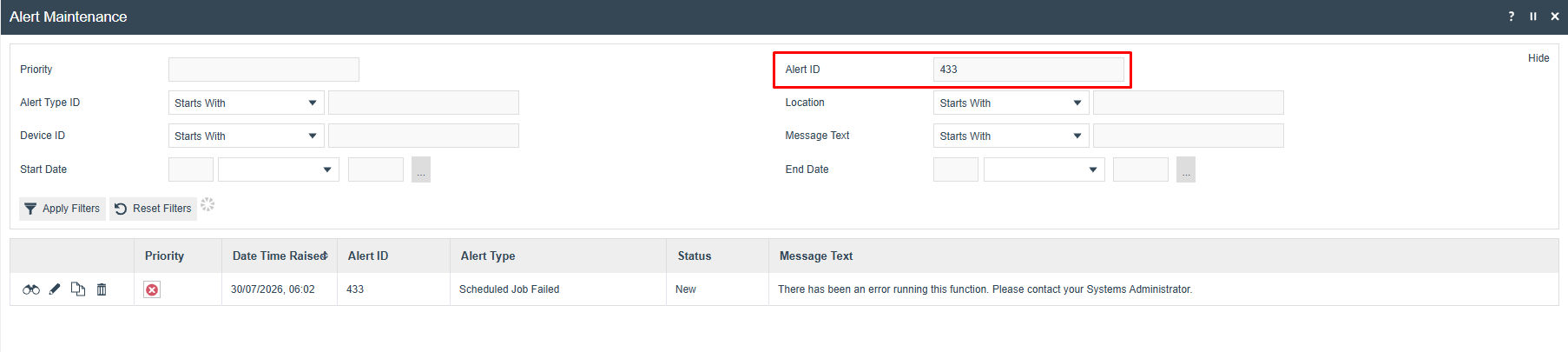 Alert Maintenance screen with the Alert ID filter applied to find the specific failed scheduled job alert.