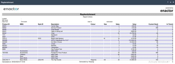 Replenishments report output showing replenishment details for the selected location and date range.