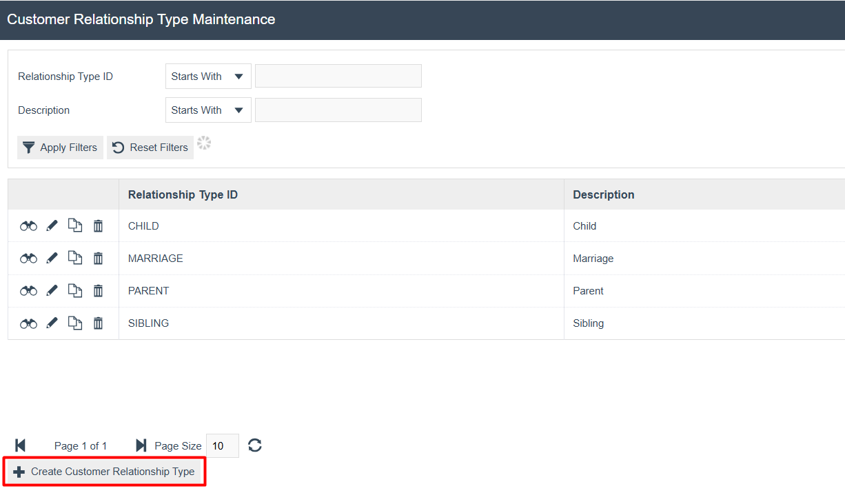 Relationship Type Maintenance list showing CHILD, MARRIAGE, PARENT and SIBLING types. Create Relationship Type button is highlighted.