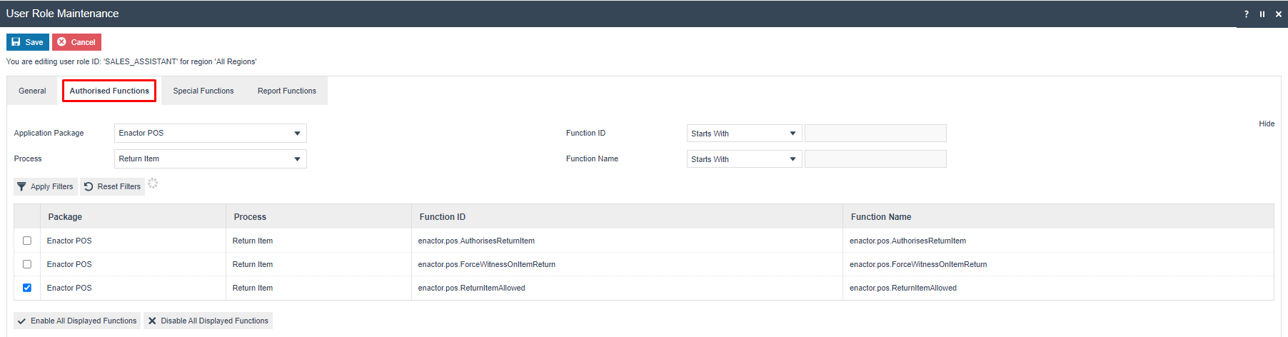 User Role Maintenance for SALES_ASSISTANT. The Return Item privilege ReturnItemAllowed is checked.