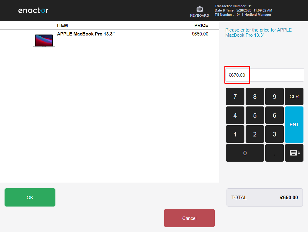 Enactor POS price entry screen prompting for the new price of the MacBook Pro. 670.00 has been entered in the price field.