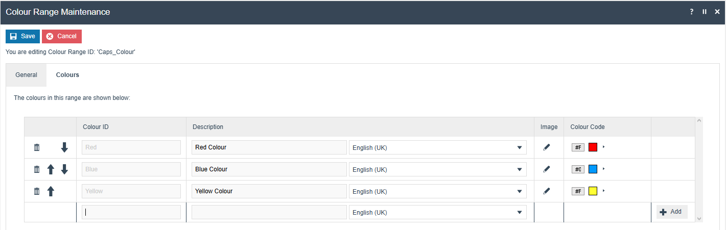 Colour Range Maintenance Colours Tab showing the ordered list of colours with Colour ID, Description, Add, Delete, Up and Down controls