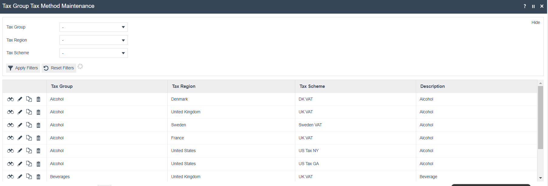 Tax Group Tax Method Maintenance list showing all configured mappings across multiple regions.