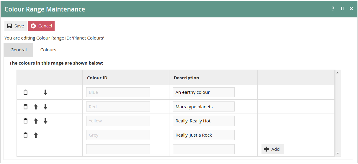 Colour Range Maintenance Colours Tab showing the ordered list of colours with Colour ID, Description, Add, Delete, Up and Down controls