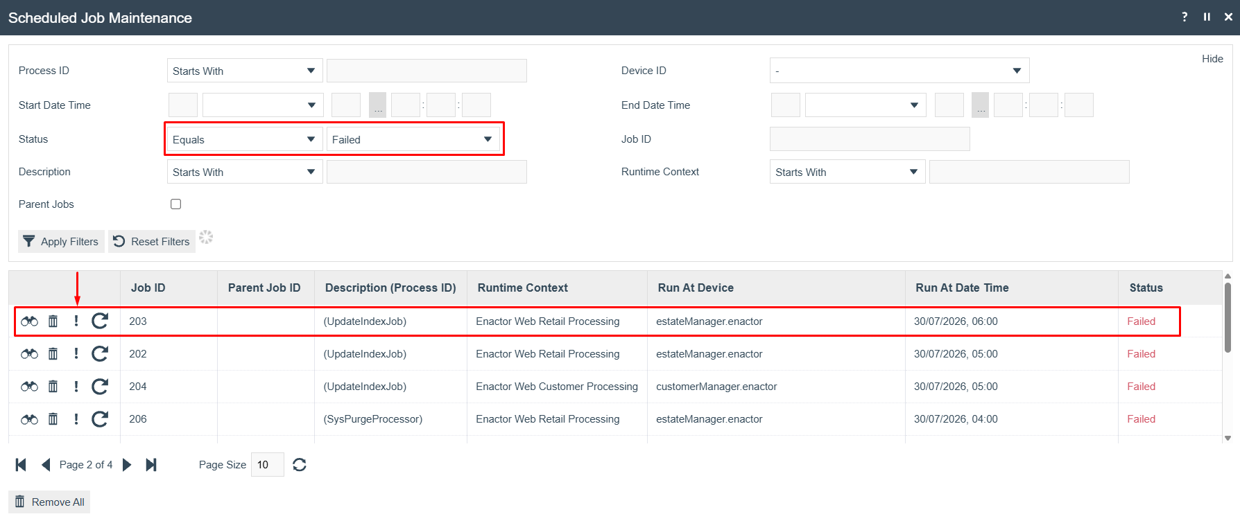 Scheduled Job Maintenance screen filtered to show failed scheduled jobs. The error icon is highlighted on the matching row.
