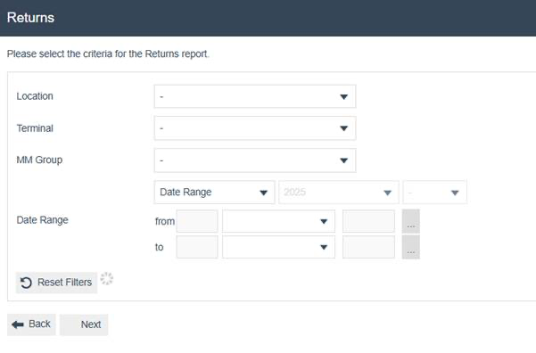 Returns filter screen with Location, Terminal, and MM Group dropdowns, and Date Range fields.