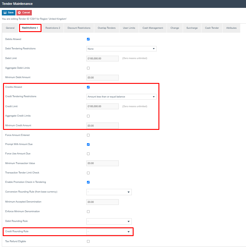 Tender Maintenance for CASH on the Restrictions 1 tab. The Credits Allowed section is highlighted.