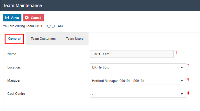 Team Maintenance General tab for TIER_1_TEAM. Name is 'Tier 1 Team', Location is 'UK Hertford', Manager is 'Hertford Manager'.