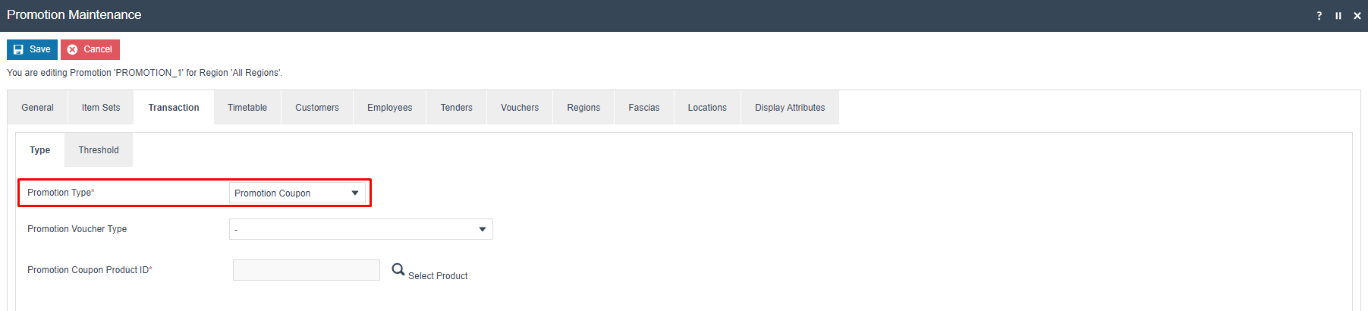 Promotion Maintenance Transaction tab with Promotion Type set to Promotion Coupon. Promotion Voucher Type dropdown and Promotion Coupon Product ID field are shown.
